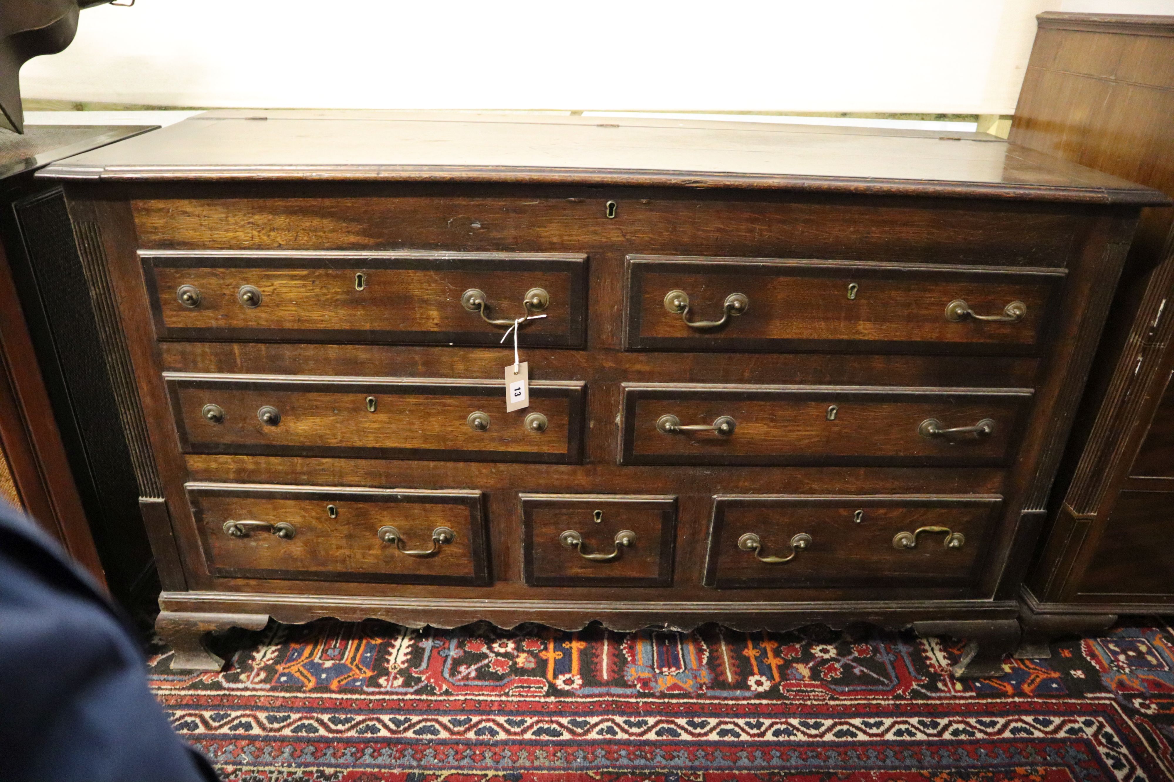 A mid 18th century mule chest, width 150cm, depth 53cm, height 88cm